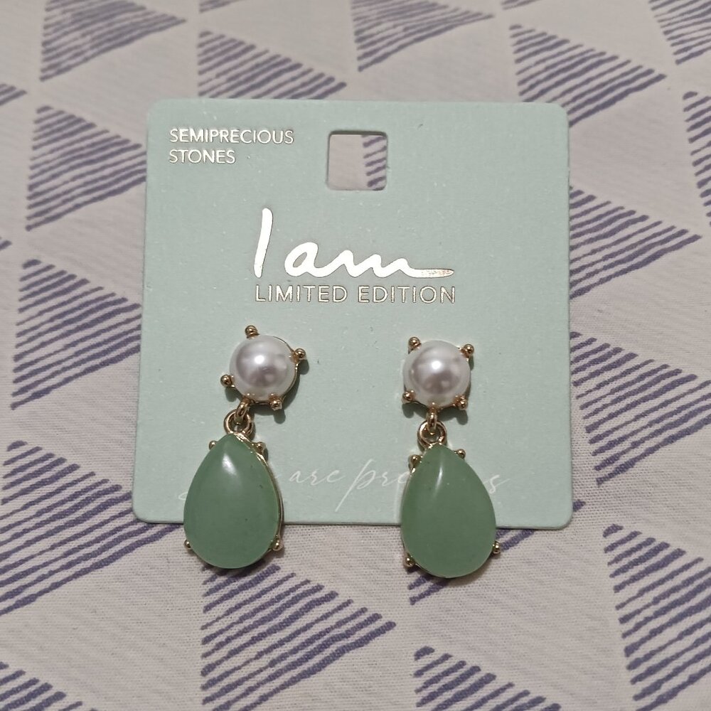 I Am Limited Edition Semiprecious Stone Green Teardrop Pearl Dangle Earrings